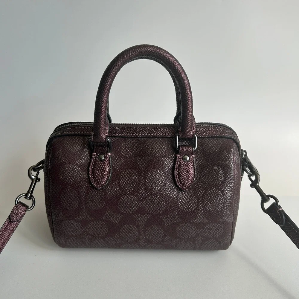 Coach Mini Rowan Satchel Metallic Burgundy Signature Canvas Crossbody Bag CX186